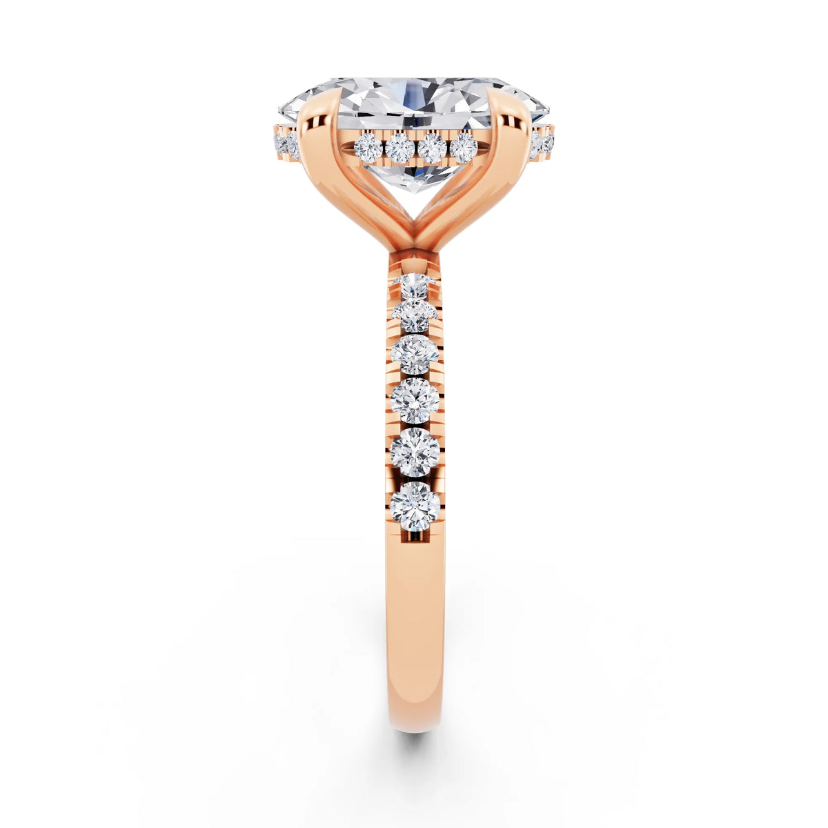 18 KT Rose Gold Oval Cut Diamond Solitaire Ring with Round Pavé Band and Prong Setting - side view