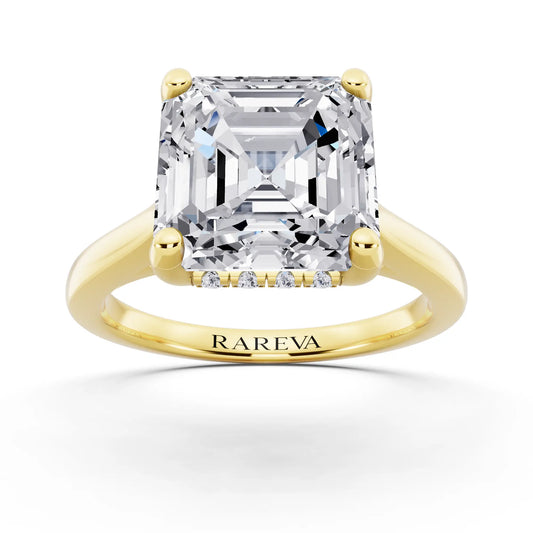 18 KT Yellow Gold Asscher Cut Diamond Solitaire Ring with Cathedral Band - front view