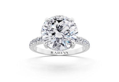 18 KT White Gold Round Cut Diamond Solitaire Ring with Hidden Halo and French Pave Band - front view