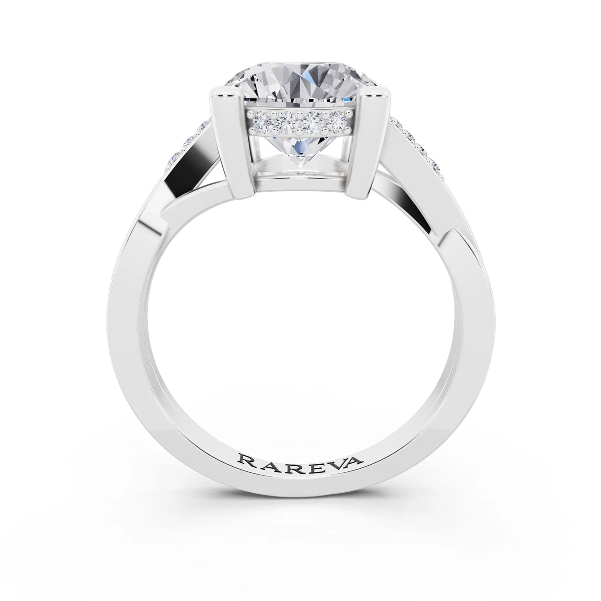18 KT White Gold Round Cut Diamond Split Shank Engagement Ring with Hidden Halo - through finger