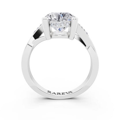 18 KT White Gold Round Cut Diamond Split Shank Engagement Ring with Hidden Halo - through finger