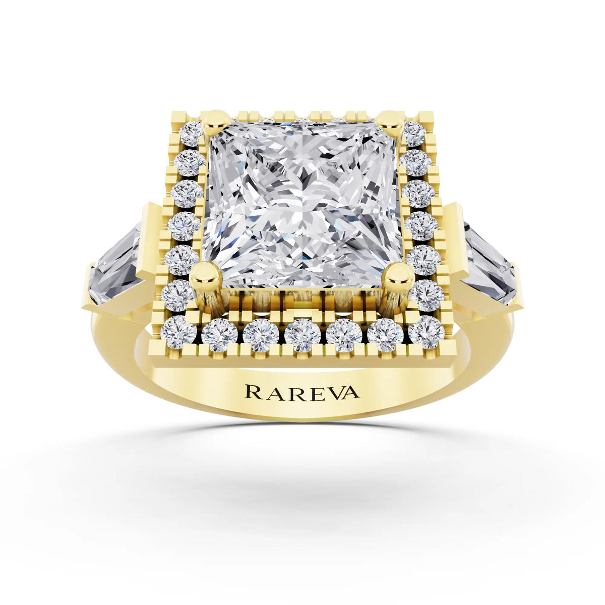 14 KT Yellow Gold Princess Cut Diamond Halo Ring with Baguette Accents - front view