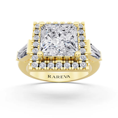 14 KT Yellow Gold Princess Cut Diamond Halo Ring with Baguette Accents - front view