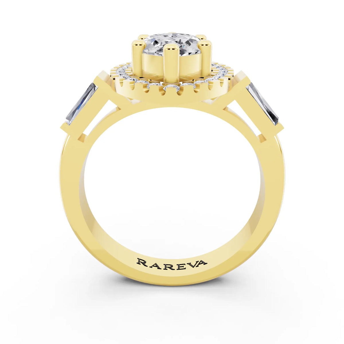 18 KT Yellow Gold Marquise Cut Diamond Halo Ring with Baguette Accents - through finger