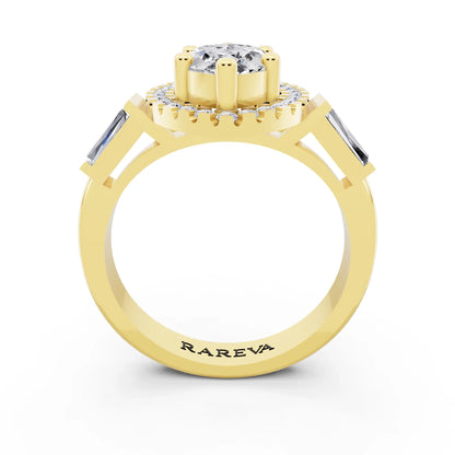 18 KT Yellow Gold Marquise Cut Diamond Halo Ring with Baguette Accents - through finger