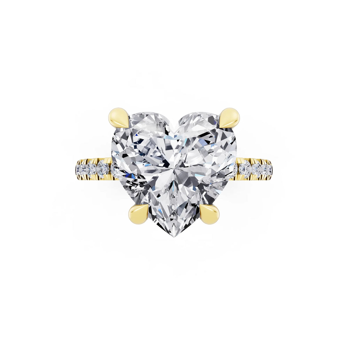 18 KT Yellow Gold Heart Cut Diamond Solitaire Ring with Round Pavé Band and Prong Setting - top angle