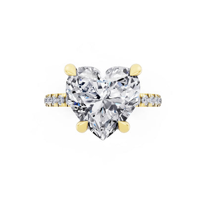 18 KT Yellow Gold Heart Cut Diamond Solitaire Ring with Round Pavé Band and Prong Setting - top angle