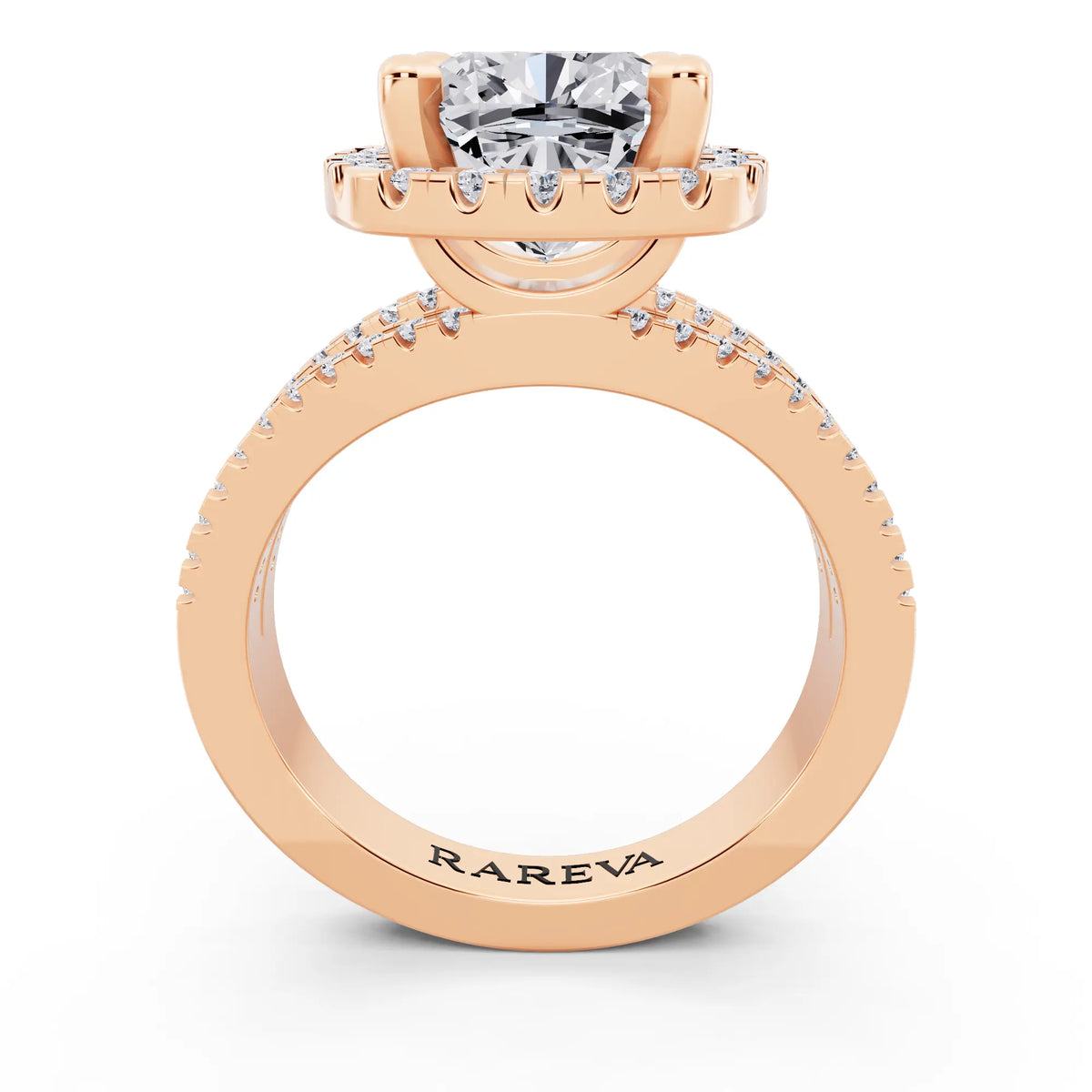 14 KT Rose Gold Cushion Cut Diamond Halo Ring with Pave Split Shank - through finger