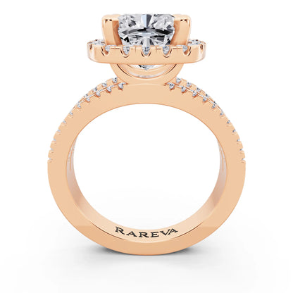 14 KT Rose Gold Cushion Cut Diamond Halo Ring with Pave Split Shank - through finger