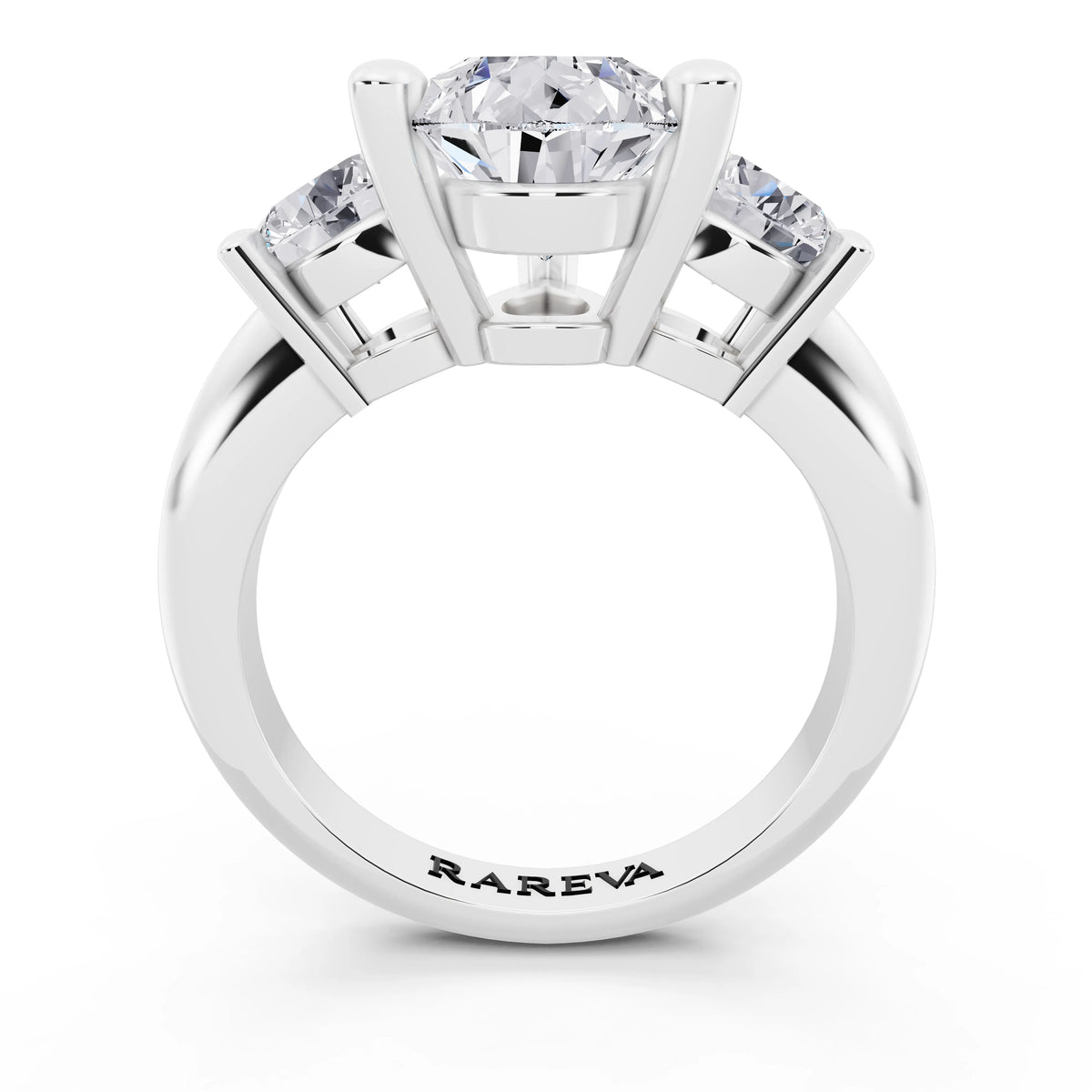 14 KT White Gold Pear Cut Diamond Three Stone Ring with Round Accents - through finger
