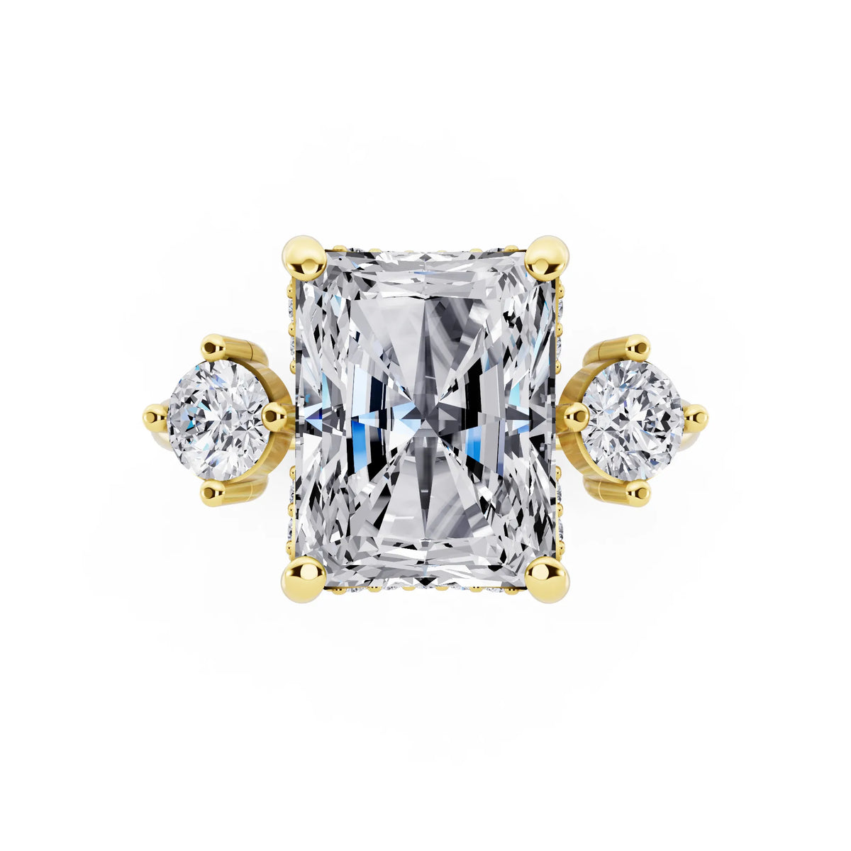 18 KT Yellow Gold Radiant Cut Diamond Three Stone Engagement Ring with Hidden Halo - top angle