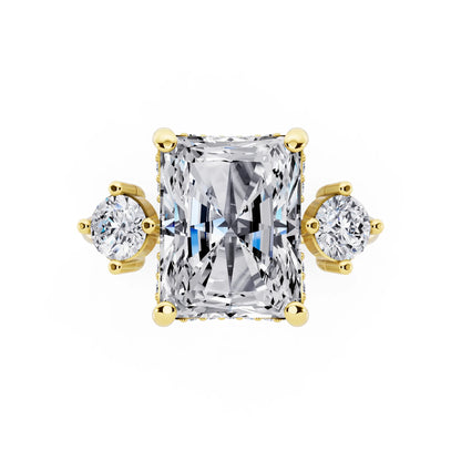 18 KT Yellow Gold Radiant Cut Diamond Three Stone Engagement Ring with Hidden Halo - top angle