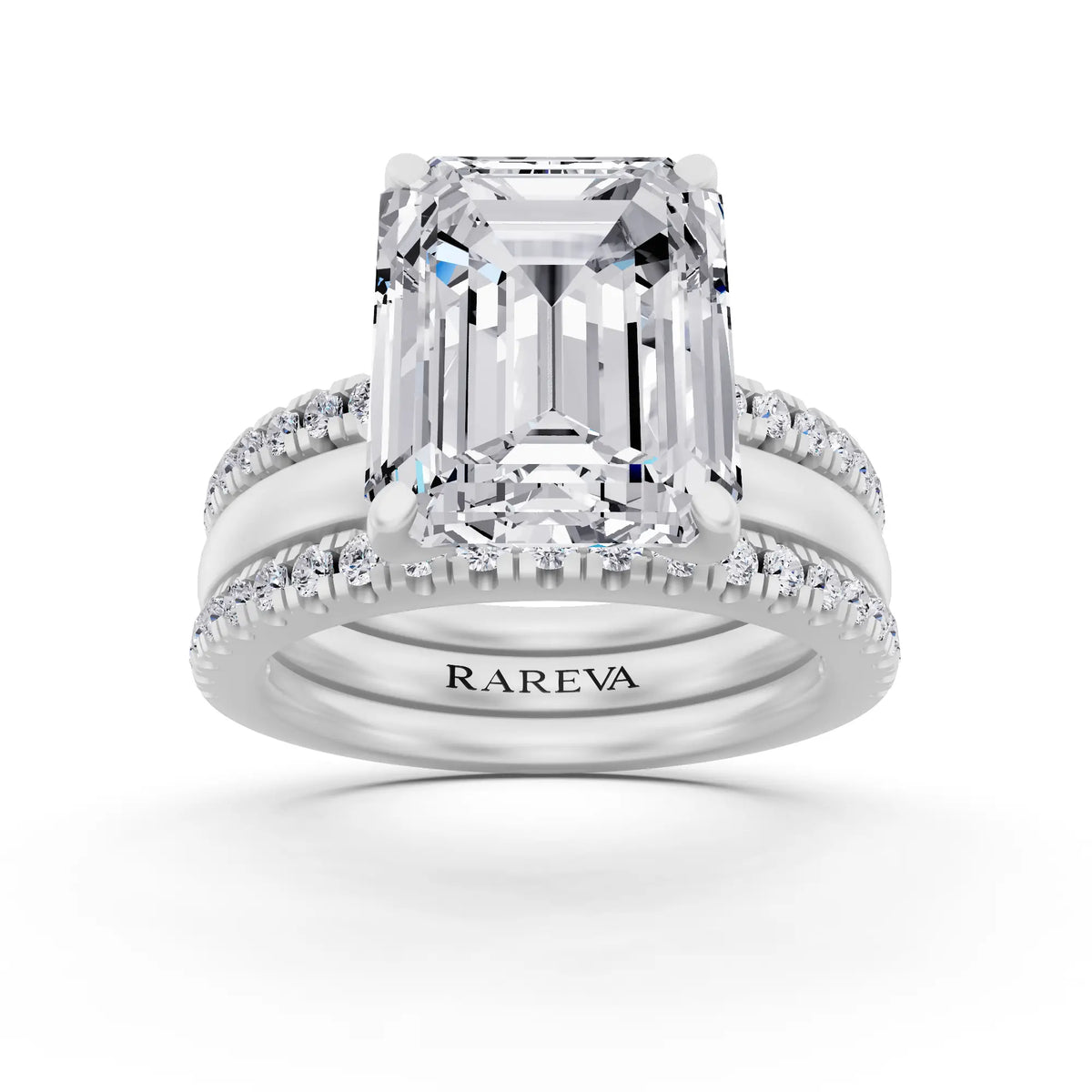 Platinum Emerald Cut Diamond Solitaire Twin Pave Band Stack Ring - front view