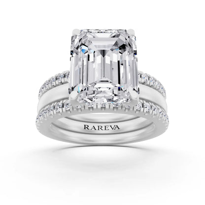 Platinum Emerald Cut Diamond Solitaire Twin Pave Band Stack Ring - front view