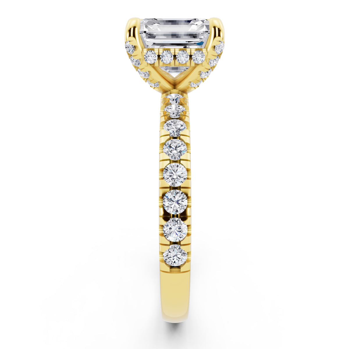 14 KT Yellow Gold Asscher Cut Diamond Hidden Halo Ring with Pave Shank - side view