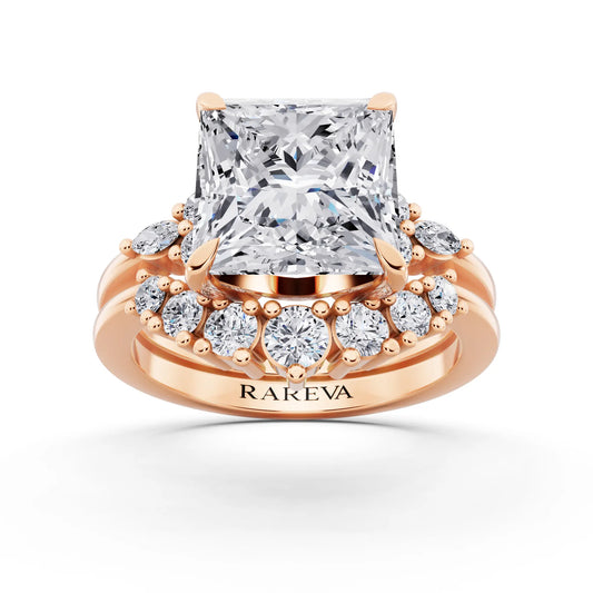 18 KT Rose Gold Princess Cut Diamond Ring with Curved Cluster Band - front view