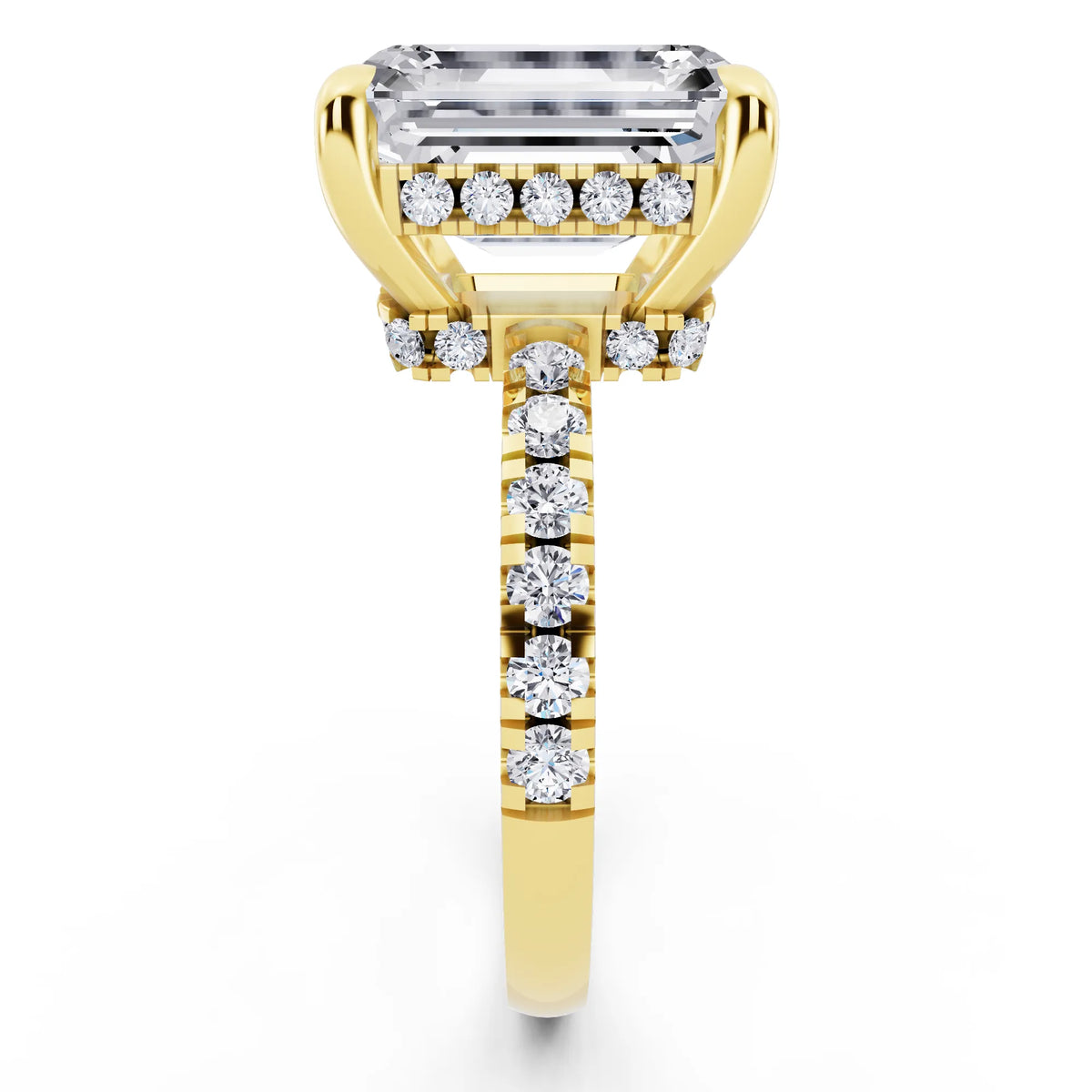 14 KT Yellow Gold Emerald Cut Diamond Hidden Halo Tiger Prong Pave Band Ring - side view