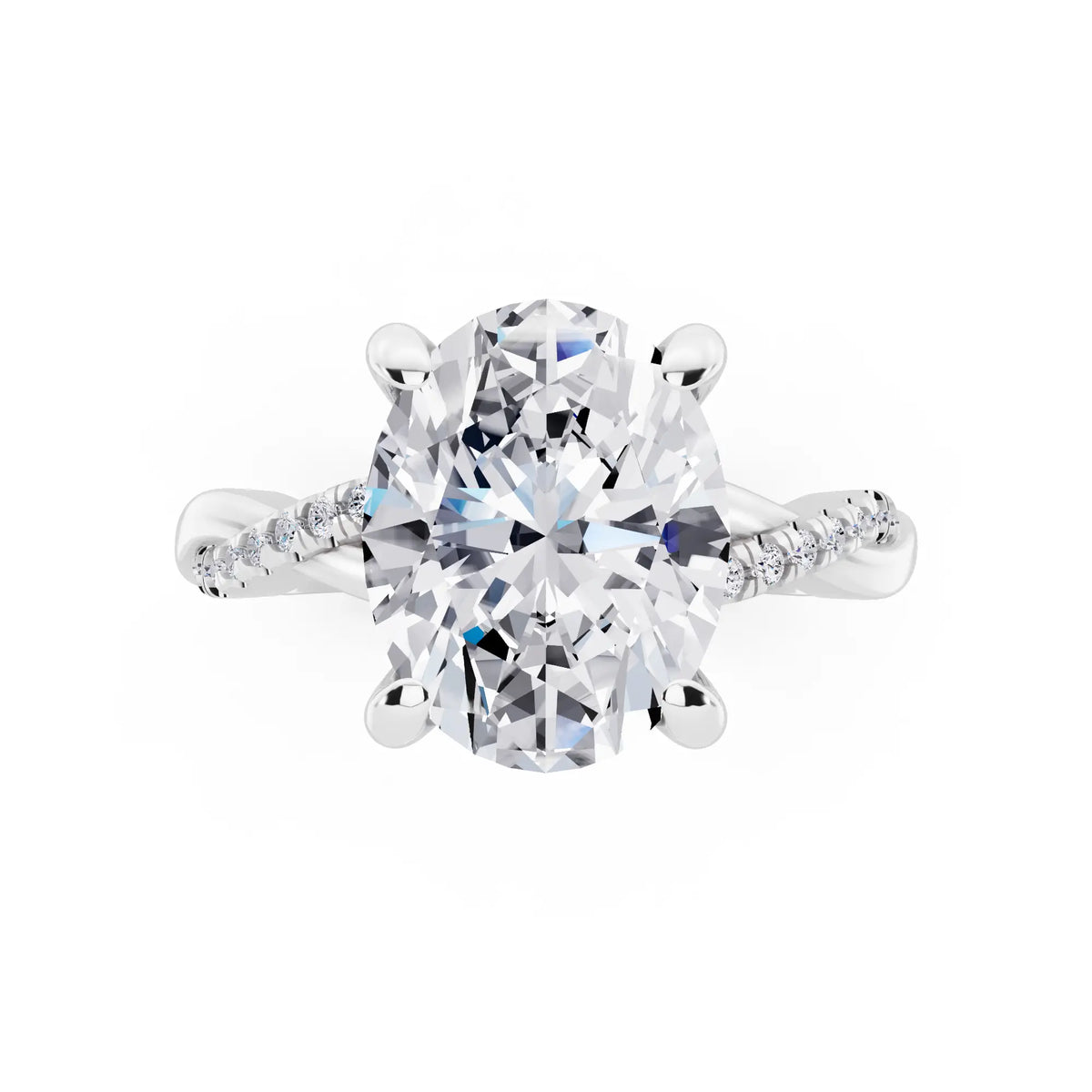 14 KT White Gold Oval Cut Diamond Hidden Halo Ring with Twisted Pave Band - top angle