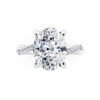 14 KT White Gold Oval Cut Diamond Hidden Halo Ring with Twisted Pave Band - top angle