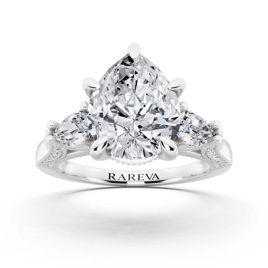 Platinum Pear Cut Diamond Three Stone Pear Accent Vintage Pave Ring - front view