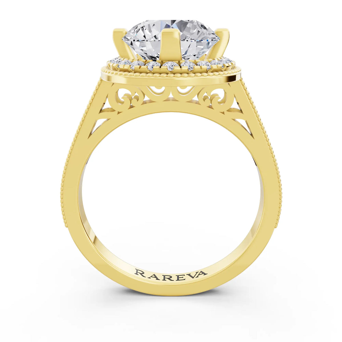 14 KT Yellow Gold Round Cut Diamond Vintage Halo Ring with Milgrain Band - Through