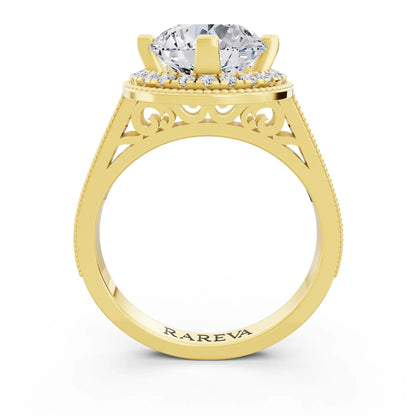 14 KT Yellow Gold Round Cut Diamond Vintage Halo Ring with Milgrain Band - Through