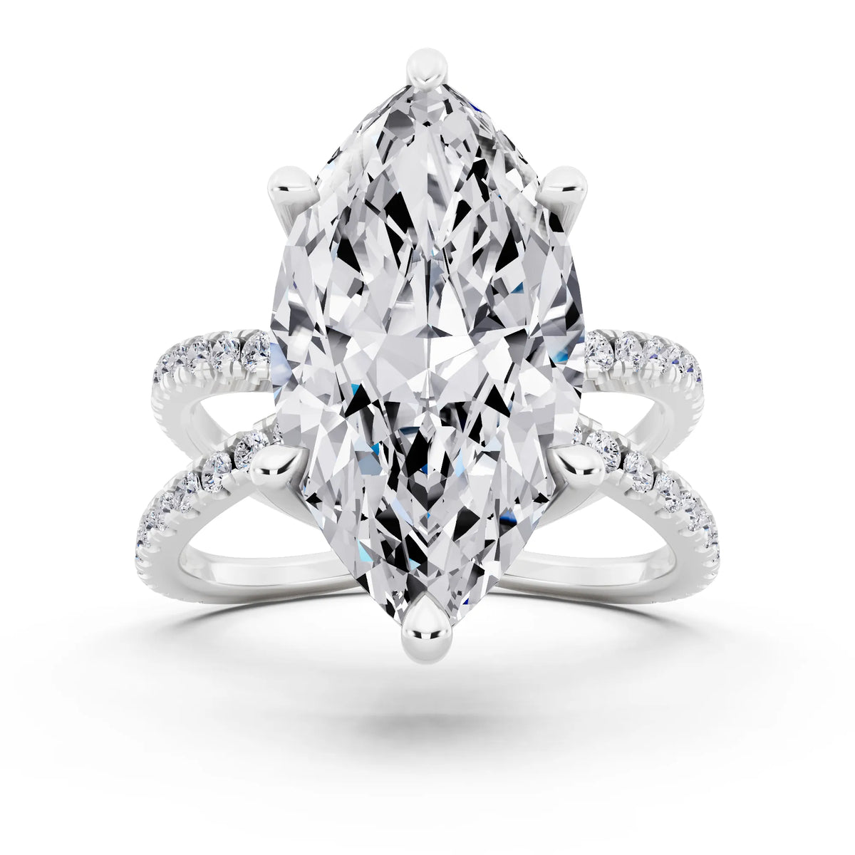 18 KT White Gold Marquise Cut Diamond Ring with Twisted Split Shank - front view