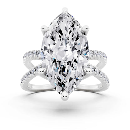 18 KT White Gold Marquise Cut Diamond Ring with Twisted Split Shank - front view