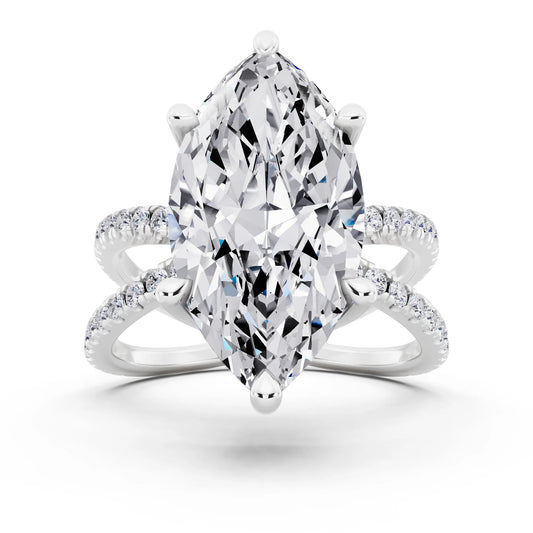 18 KT White Gold Marquise Cut Diamond Ring with Twisted Split Shank - front view