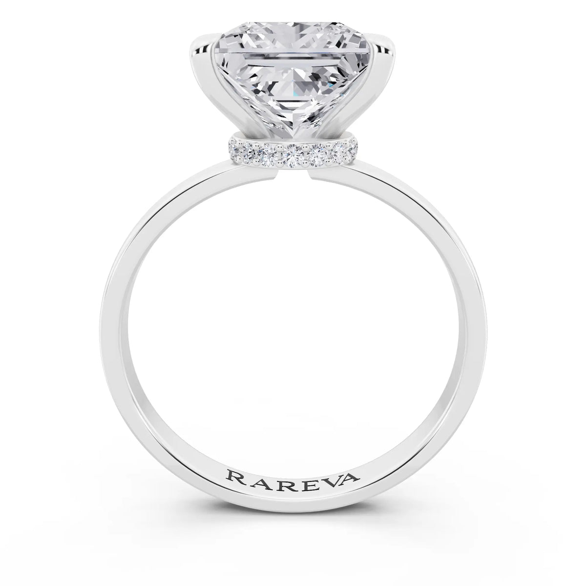 18 KT White Gold Princess Cut Diamond Solitaire Ring with Pave Collar - through finger