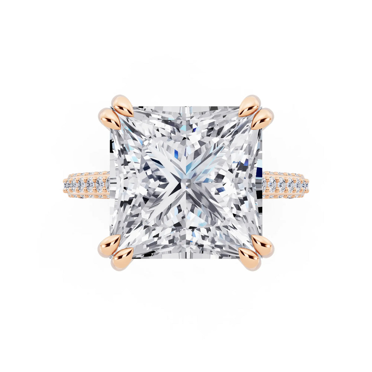 14 KT Rose Gold Princess Cut Diamond Hidden Halo Double Claw Pave Band Ring - top angle