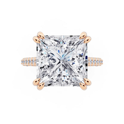 14 KT Rose Gold Princess Cut Diamond Hidden Halo Double Claw Pave Band Ring - top angle