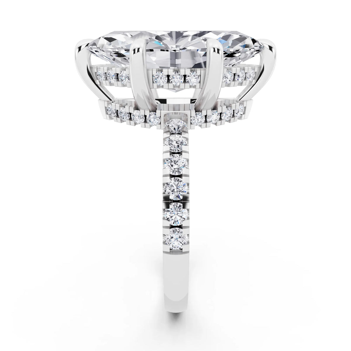 Platinum Marquise Cut Diamond Hidden Halo Tiger Prong Pave Band Ring - side view