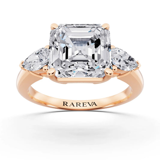 14 KT Rose Gold Asscher Cut Diamond Three Stone Pear Accent Ring - front view