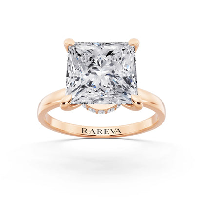 14 KT Rose Gold Princess Cut Diamond Solitaire Ring with Pave Collar - front view