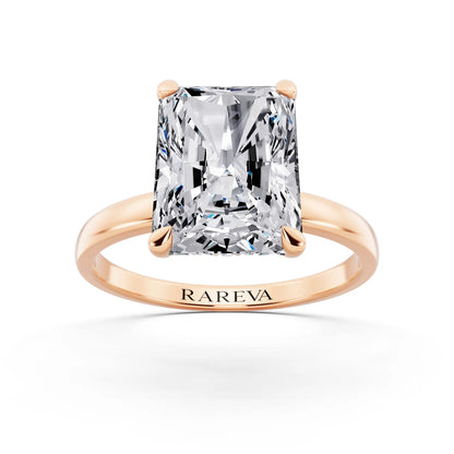18 KT Rose Gold Radiant Cut Diamond Solitaire Ring with Pave Collar - front view