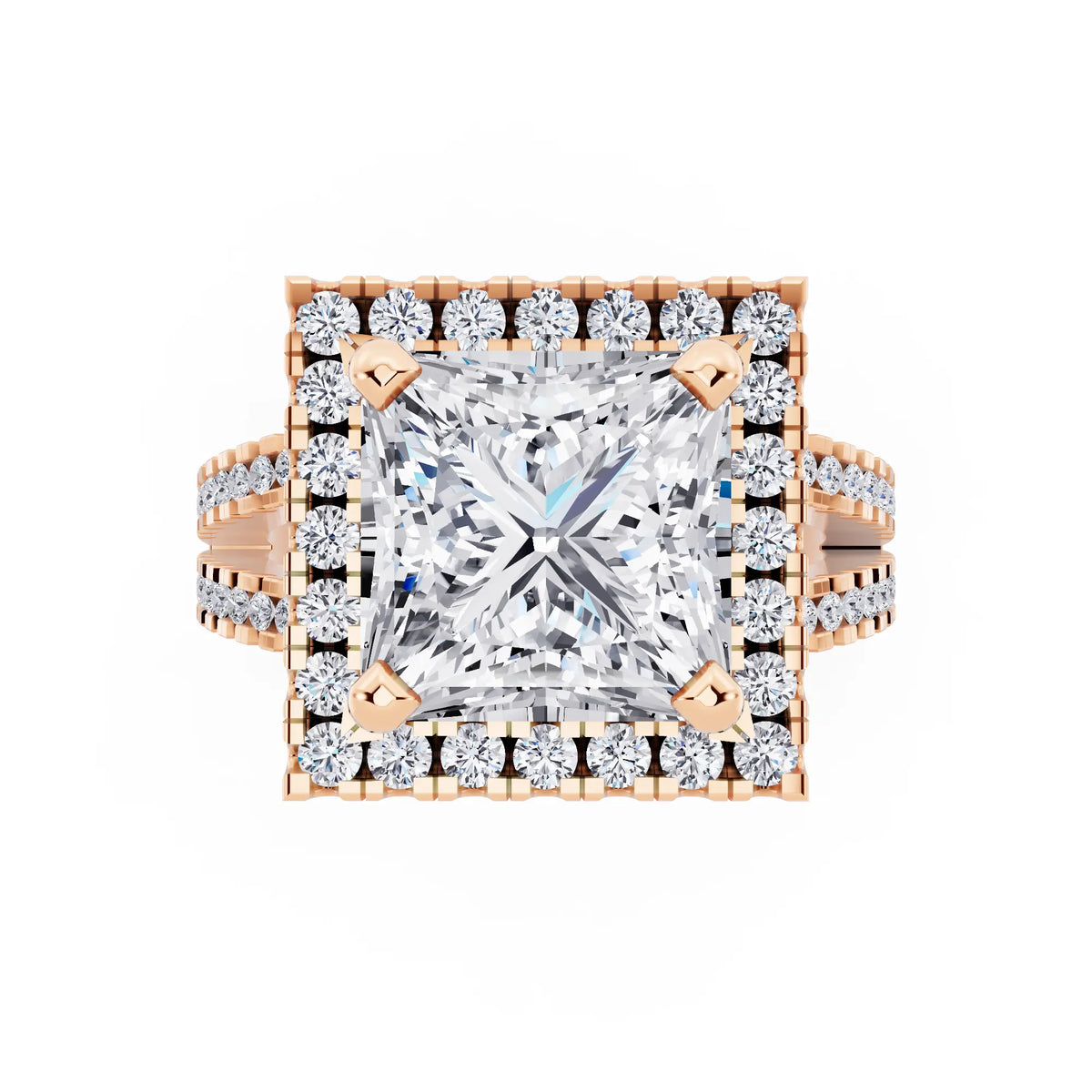 14 KT Rose Gold Princess Cut Diamond Halo Ring with Pave Split Shank - top angle