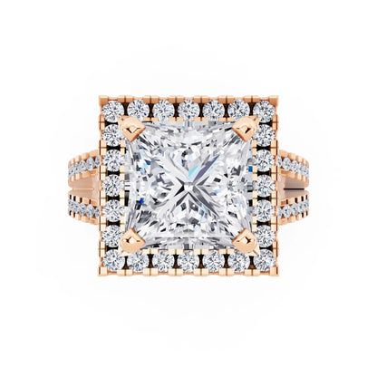 14 KT Rose Gold Princess Cut Diamond Halo Ring with Pave Split Shank - top angle