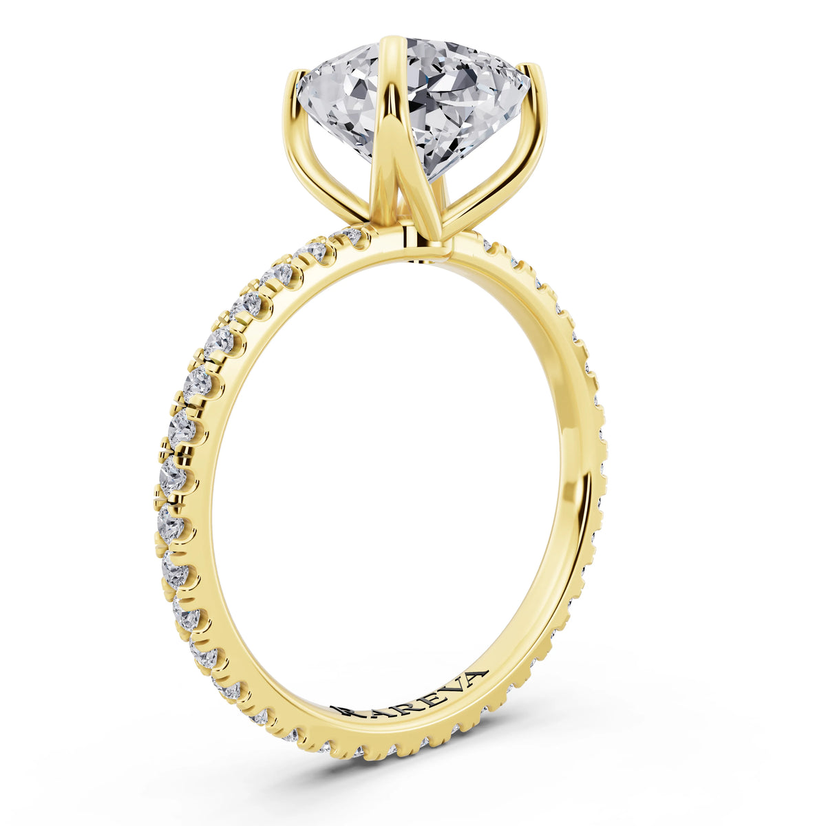 14 KT Yellow Gold Cushion Cut Diamond Solitaire Ring with Pave Eternity Band - top view