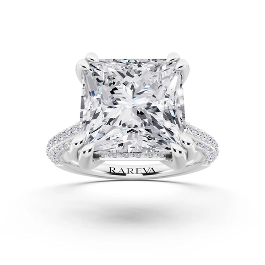 18 KT White Gold Princess Cut Diamond Hidden Halo Double Claw Pave Band Ring - front view