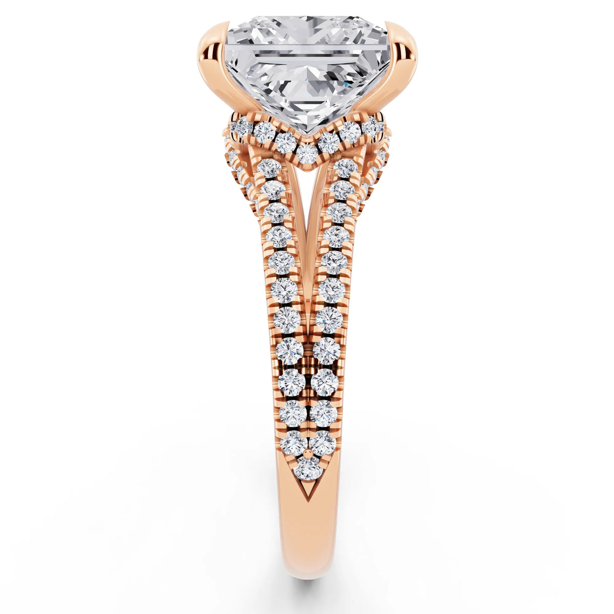 18 KT Rose Gold Princess Cut Diamond Ring with Pavé Split Shank - side view
