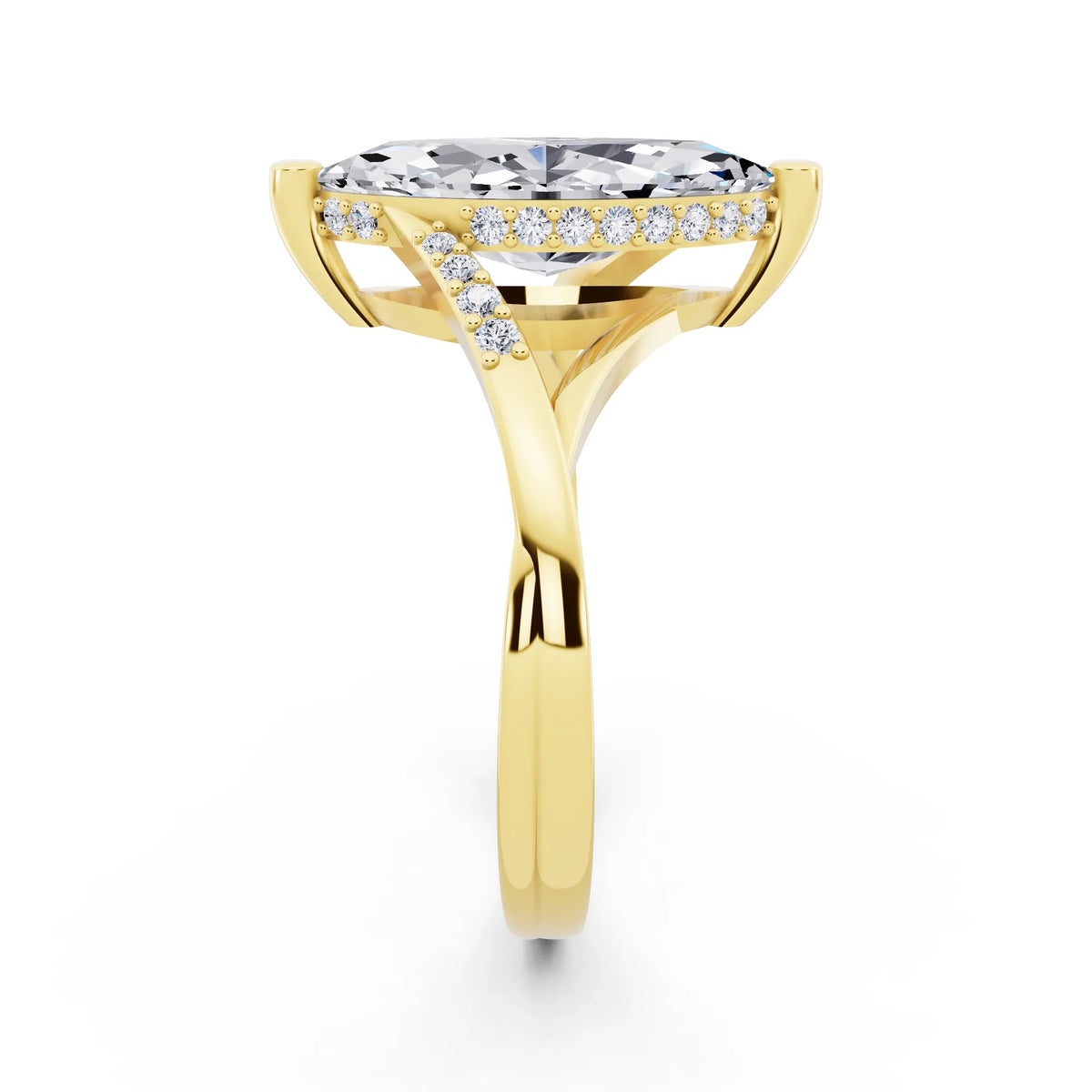 14 KT Yellow Gold Marquise Cut Diamond Split Shank Engagement Ring with Hidden Halo - side view