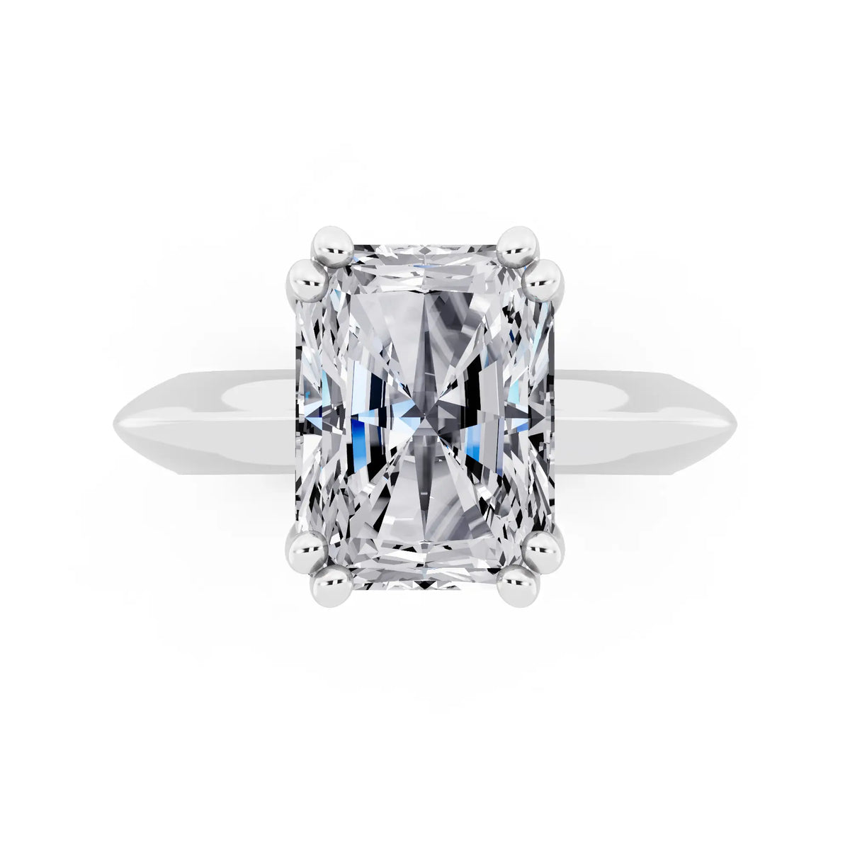 14 KT White Gold Radiant Cut Diamond Solitaire Ring with Knife Edge Band - top angle