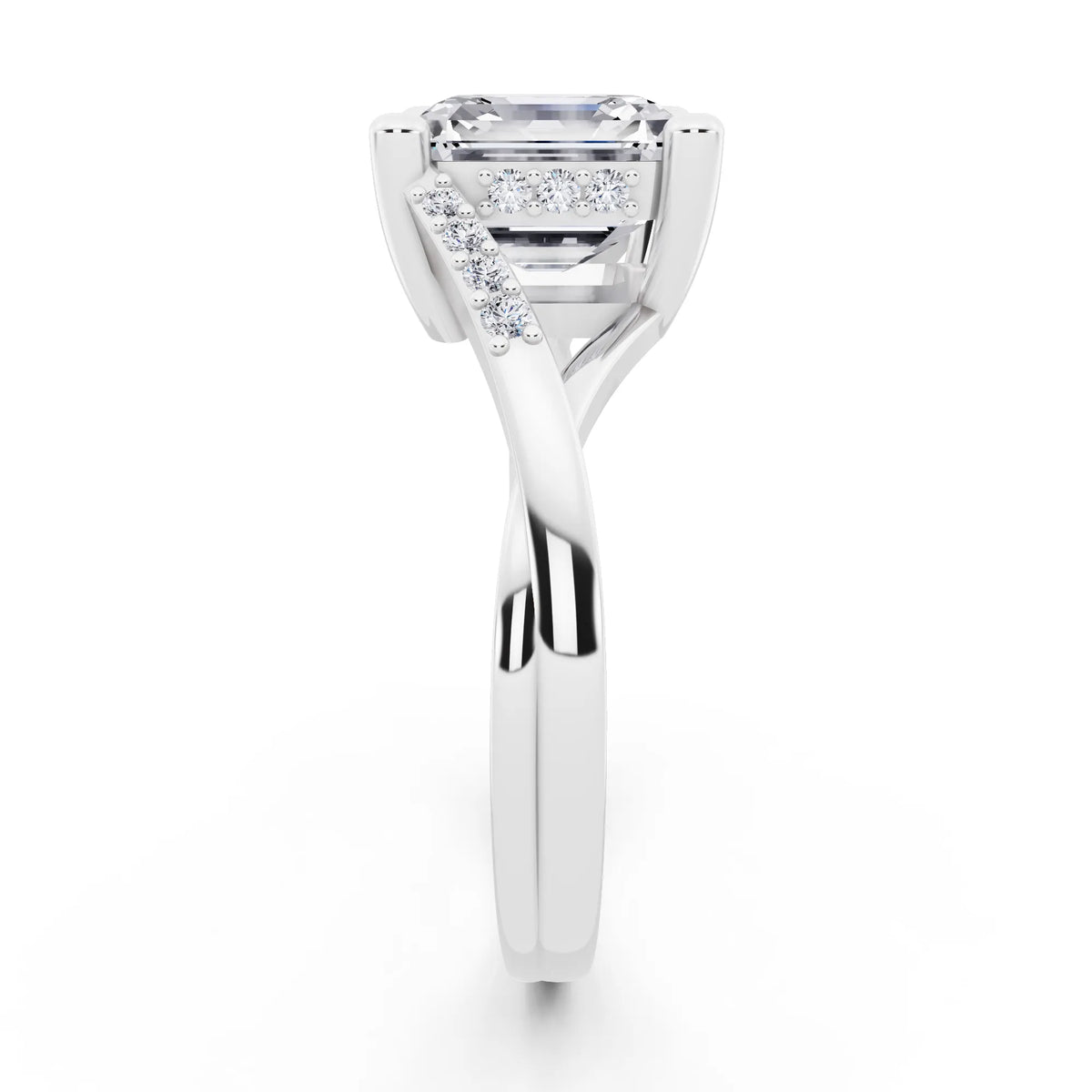 18 KT White Gold Asscher Cut Diamond Split Shank Engagement Ring with Hidden Halo - side view