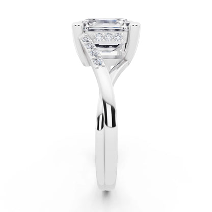 18 KT White Gold Asscher Cut Diamond Split Shank Engagement Ring with Hidden Halo - side view