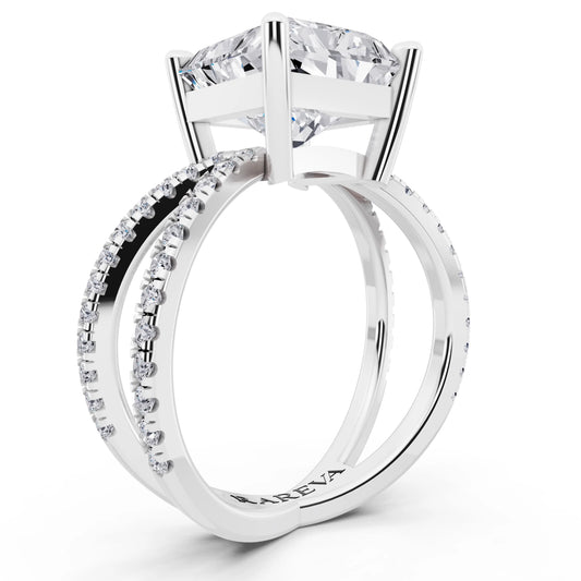 14 KT White Gold Radiant Cut Diamond Ring with Twisted Split Shank - top view