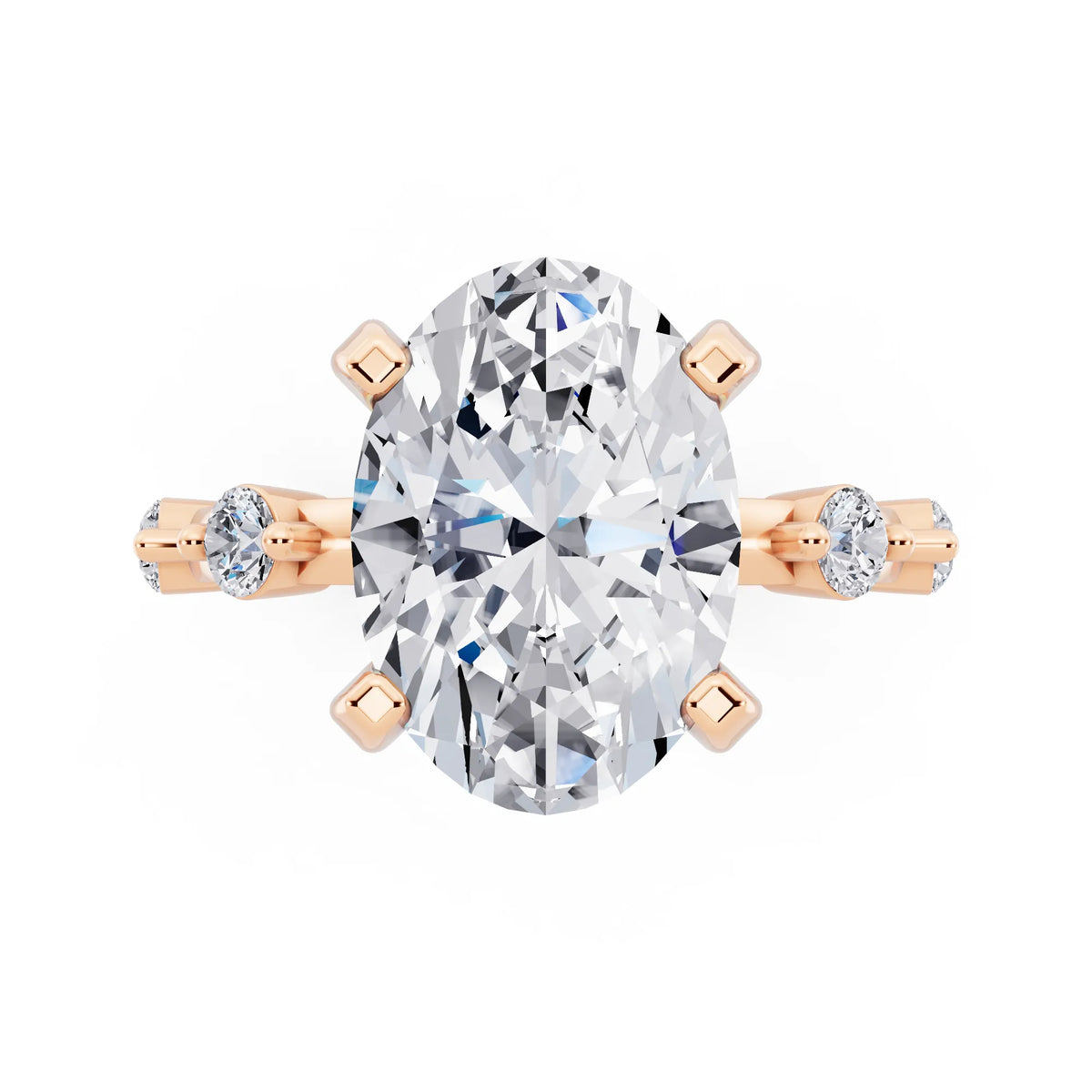18 KT Rose Gold Oval Cut Diamond Solitaire Ring with Floating Diamond Accents - top angle