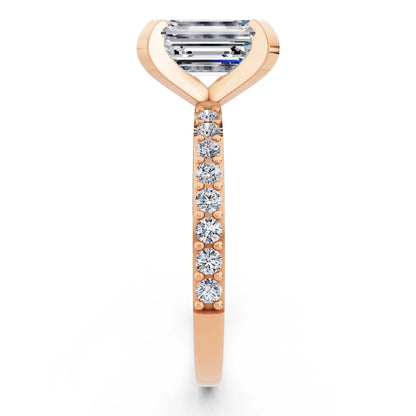 14 KT Rose Gold Emerald Cut Diamond Solitaire Ring with Pave Shank - side view