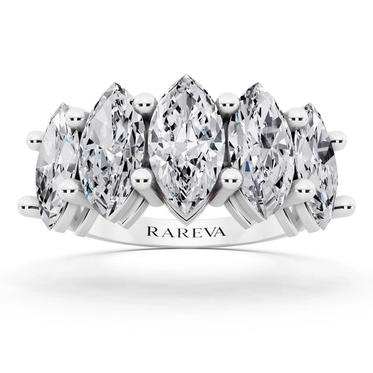 Silver Five Stone Marquise Cut Diamond Half Eternity Wedding Band - 3mm - Front