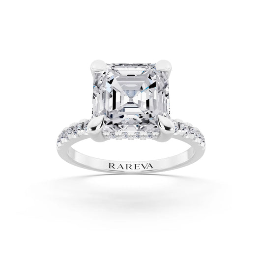14 KT White Gold Asscher Cut Diamond Solitaire Ring with Round Pavé Band and Prong Setting - front view